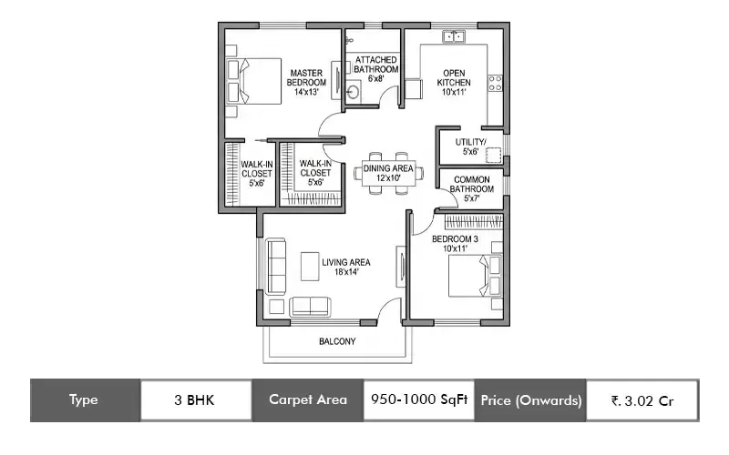Hiranandani Bhandup 3 BHK floor plan, 950 sq ft carpet area