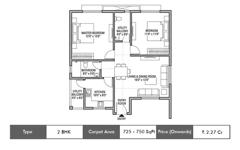 Hiranandani Bhandup 2 BHK floor plan, 725 sq ft carpet area